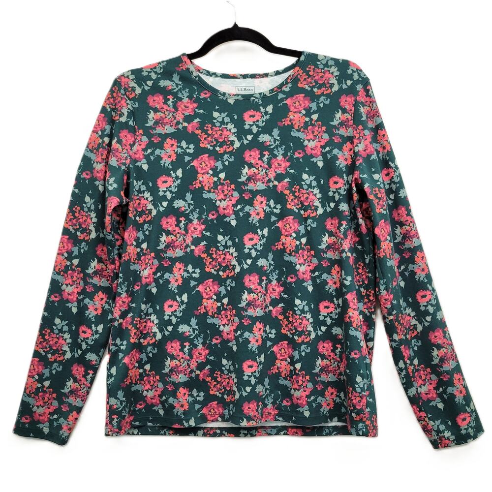 LL Bean Supima Cotton Long Sleeve Crew Neck Tee Large Floral Layer